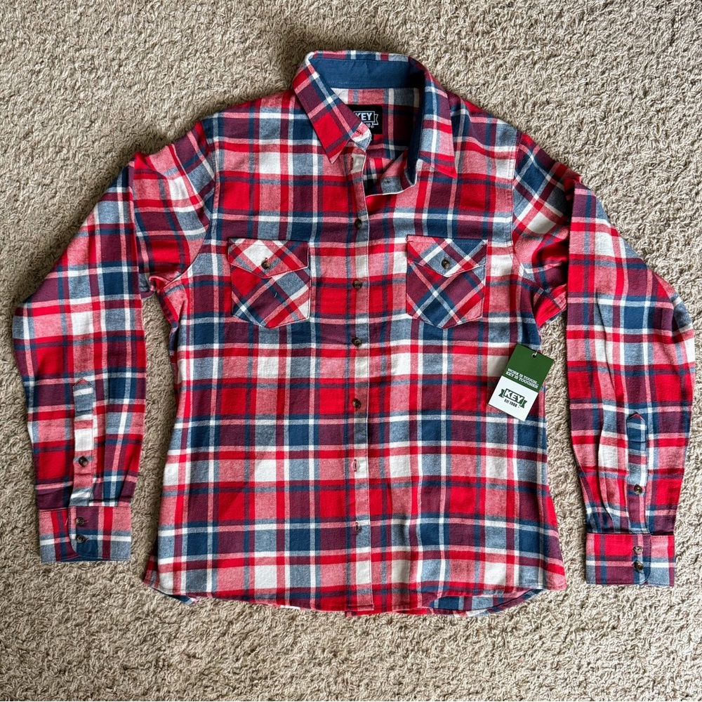 Red White & Blue Button Down Shirt with Classic Plaid Pattern Flannel